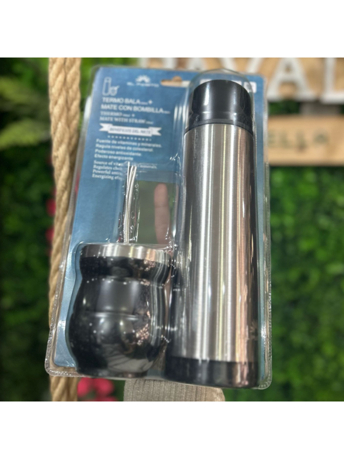 Pack Termo 500ml, mate y bombilla PEQUEÑO - NEGRO